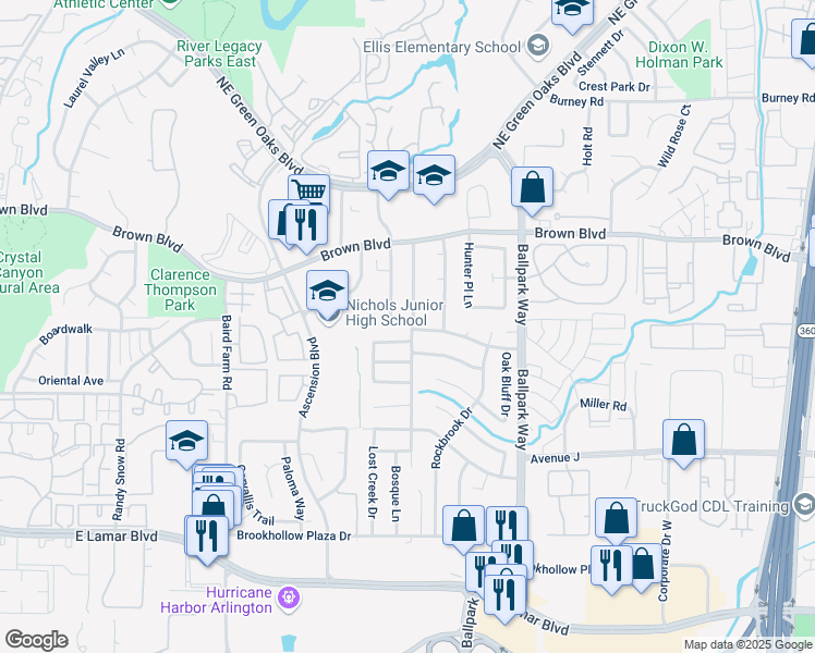 map of restaurants, bars, coffee shops, grocery stores, and more near 2200 Honey Creek Lane in Arlington