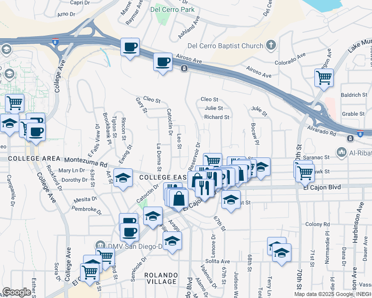 map of restaurants, bars, coffee shops, grocery stores, and more near 5149 Leo Street in San Diego