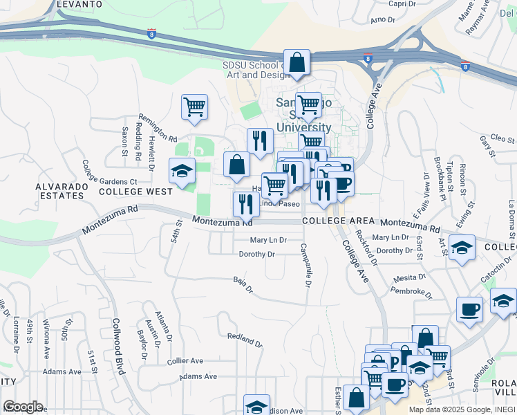map of restaurants, bars, coffee shops, grocery stores, and more near 5565 Lindo Paseo in San Diego