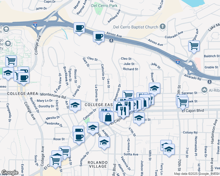 map of restaurants, bars, coffee shops, grocery stores, and more near 5129 Leo Street in San Diego
