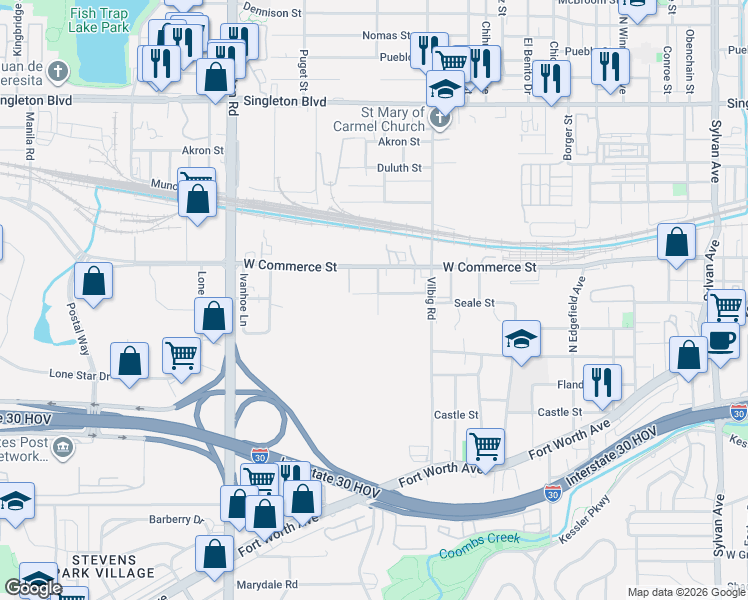 map of restaurants, bars, coffee shops, grocery stores, and more near 1907 Pollard Street in Dallas