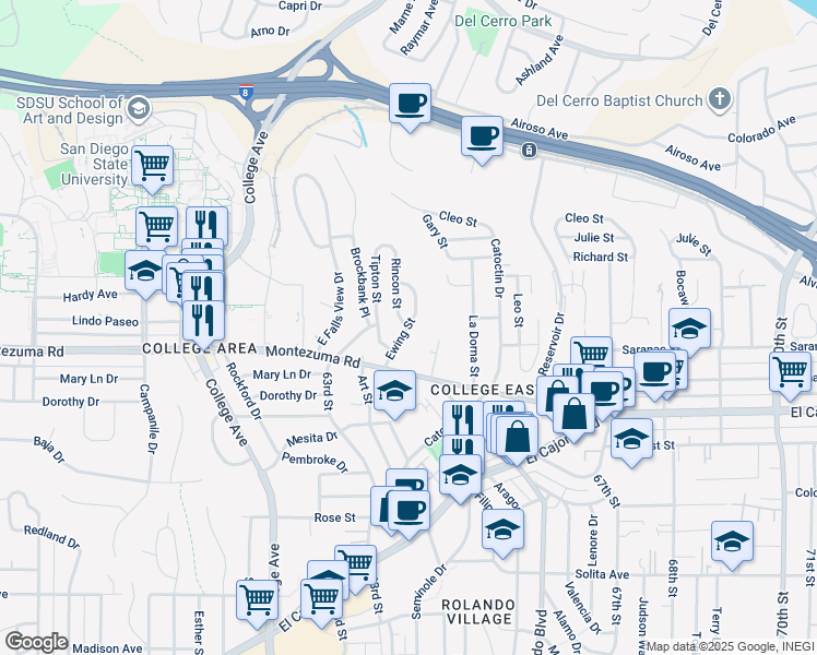 map of restaurants, bars, coffee shops, grocery stores, and more near Ewing Street & Rincon Street in San Diego