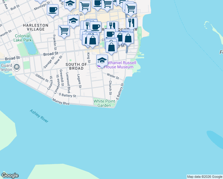 map of restaurants, bars, coffee shops, grocery stores, and more near 18 Church Street in Charleston