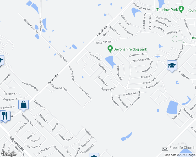 map of restaurants, bars, coffee shops, grocery stores, and more near 502 Banbury Court in Forney