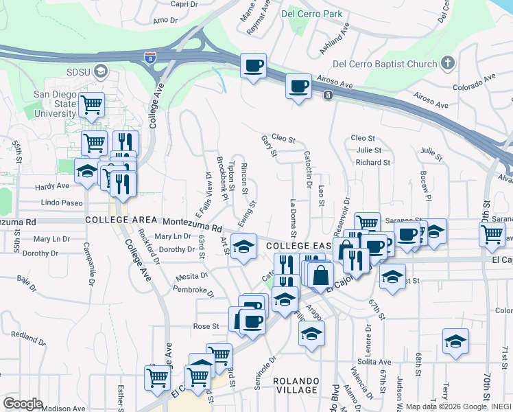map of restaurants, bars, coffee shops, grocery stores, and more near 5150 Ewing Street in San Diego