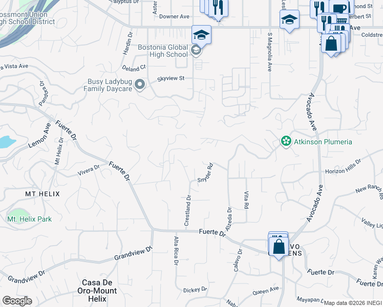 map of restaurants, bars, coffee shops, grocery stores, and more near 10591 Noakes Road in La Mesa