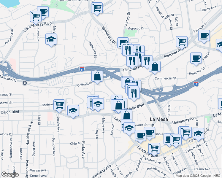 map of restaurants, bars, coffee shops, grocery stores, and more near 5143 Guava Avenue in La Mesa