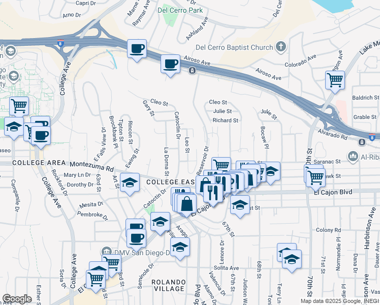 map of restaurants, bars, coffee shops, grocery stores, and more near 5149 Leo Street in San Diego