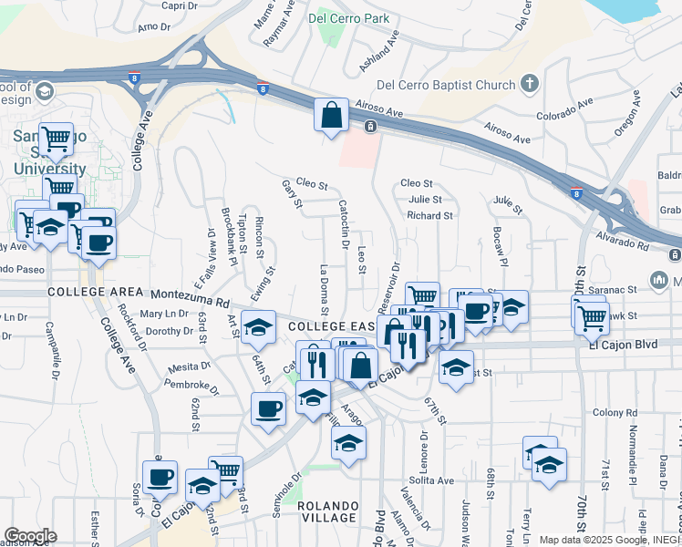 map of restaurants, bars, coffee shops, grocery stores, and more near 5154 Catoctin Drive in San Diego