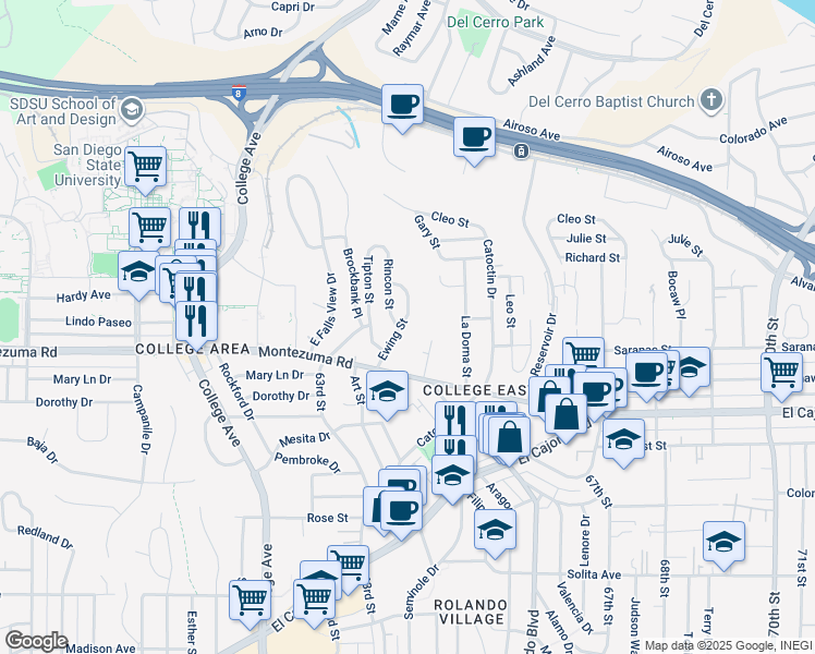 map of restaurants, bars, coffee shops, grocery stores, and more near 5150 Ewing Street in San Diego