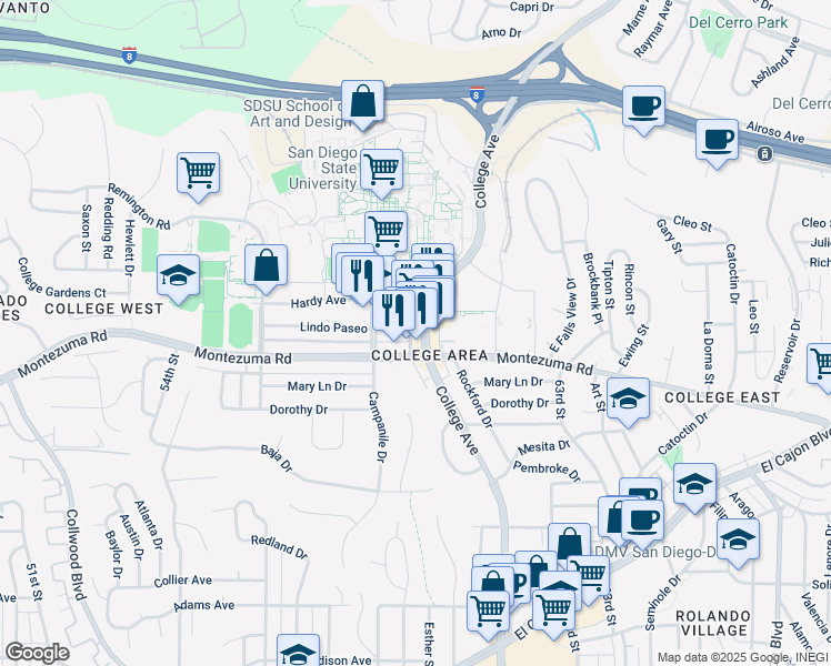 map of restaurants, bars, coffee shops, grocery stores, and more near 2 Montezuma Place in San Diego