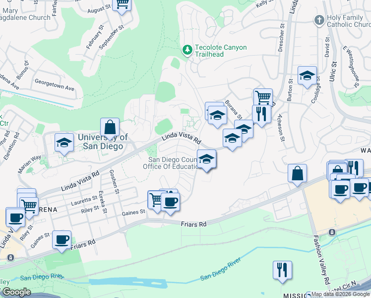 map of restaurants, bars, coffee shops, grocery stores, and more near 6341 Caminito Salado in San Diego