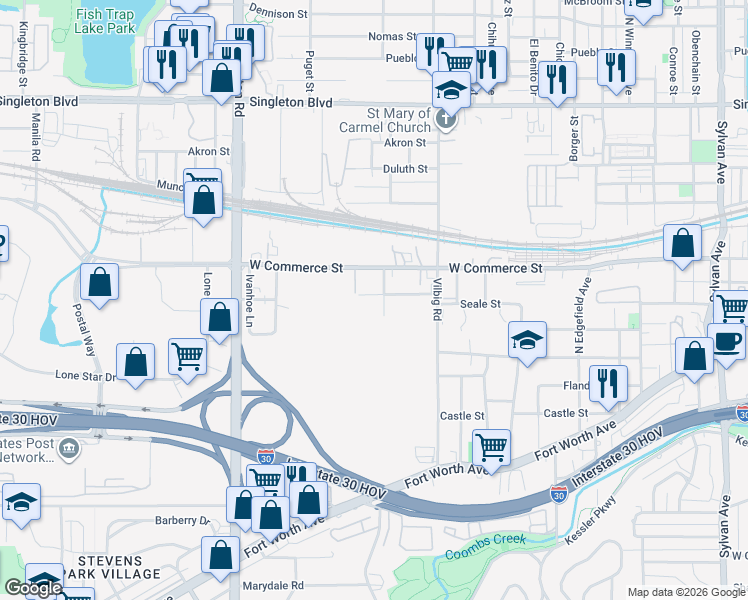 map of restaurants, bars, coffee shops, grocery stores, and more near 1907 Pollard Street in Dallas