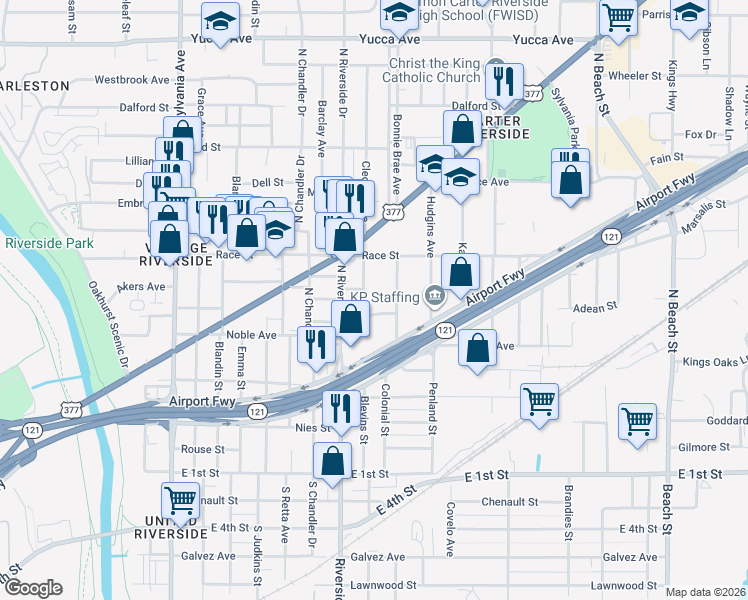 map of restaurants, bars, coffee shops, grocery stores, and more near 600 Blevins Street in Fort Worth