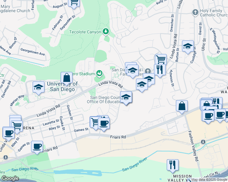 map of restaurants, bars, coffee shops, grocery stores, and more near 6349 Caminito Luisito in San Diego