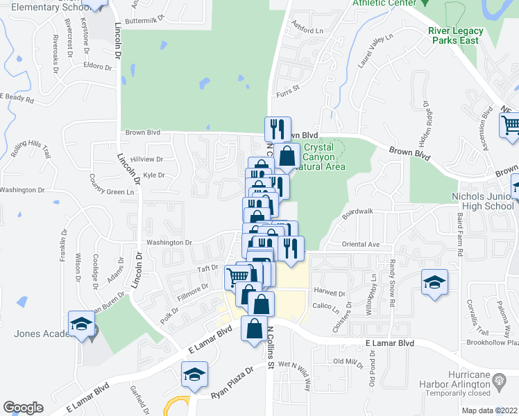 map of restaurants, bars, coffee shops, grocery stores, and more near 2256 North Collins Street in Arlington