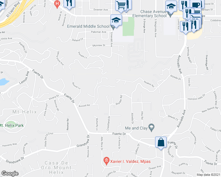 map of restaurants, bars, coffee shops, grocery stores, and more near 10595 Russell Road in La Mesa