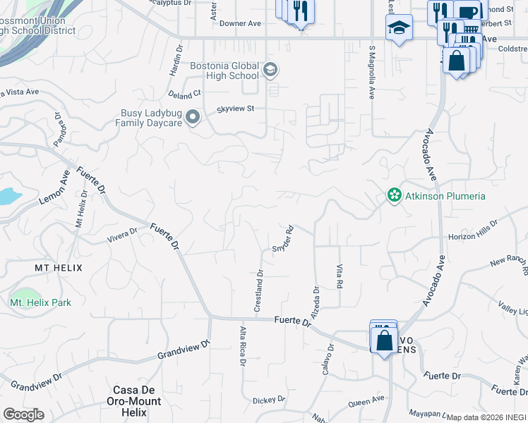 map of restaurants, bars, coffee shops, grocery stores, and more near 10595 Russell Road in La Mesa