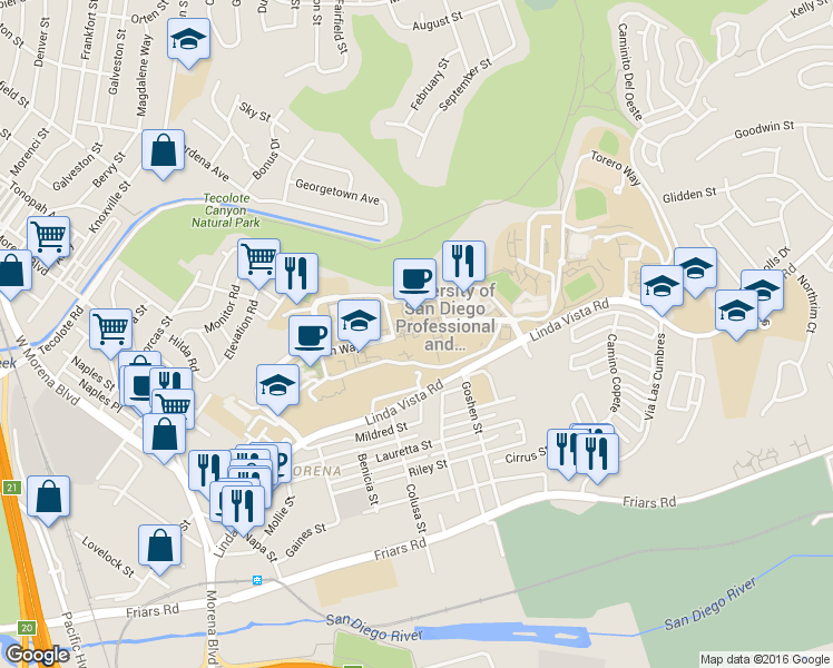 map of restaurants, bars, coffee shops, grocery stores, and more near 5998 Alcalá Park in San Diego