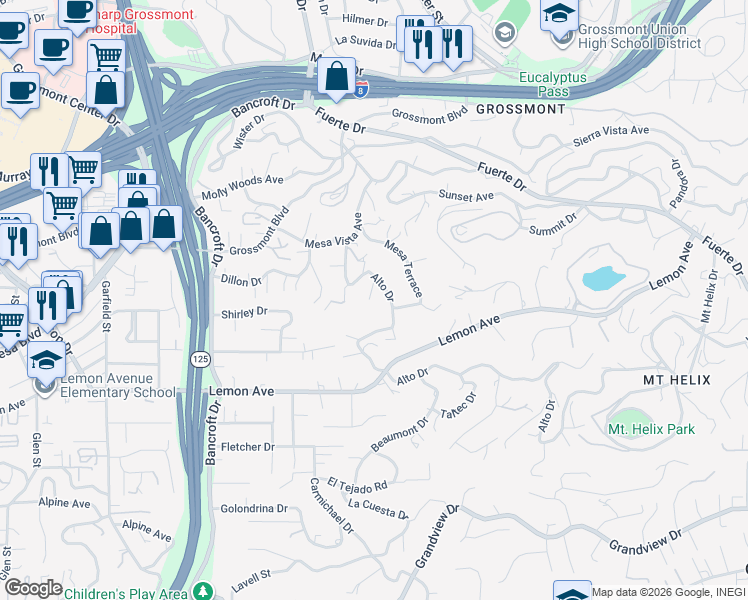 map of restaurants, bars, coffee shops, grocery stores, and more near 5023 Alto Court in La Mesa