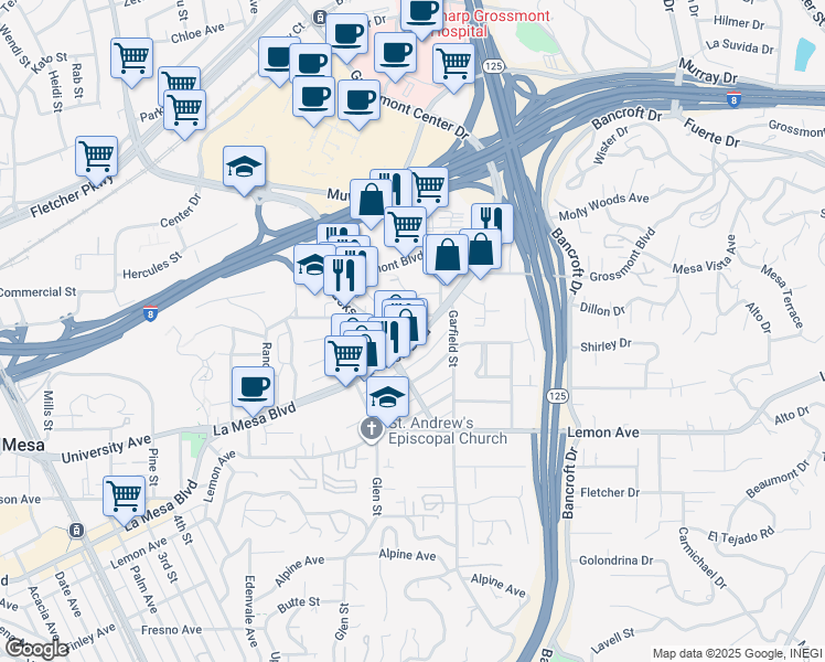 map of restaurants, bars, coffee shops, grocery stores, and more near 8809 La Mesa Boulevard in La Mesa