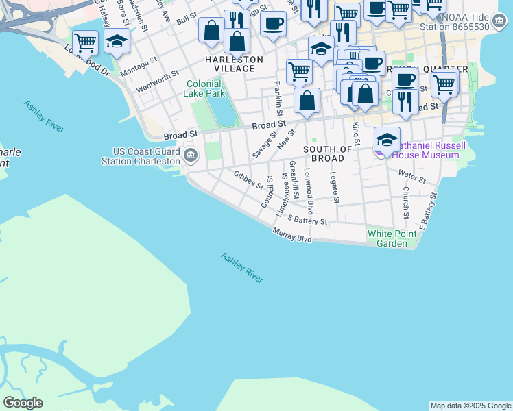 map of restaurants, bars, coffee shops, grocery stores, and more near 29 Rutledge Boulevard in Charleston