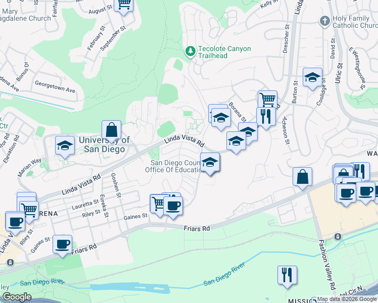 map of restaurants, bars, coffee shops, grocery stores, and more near 6341 Caminito Salado in San Diego