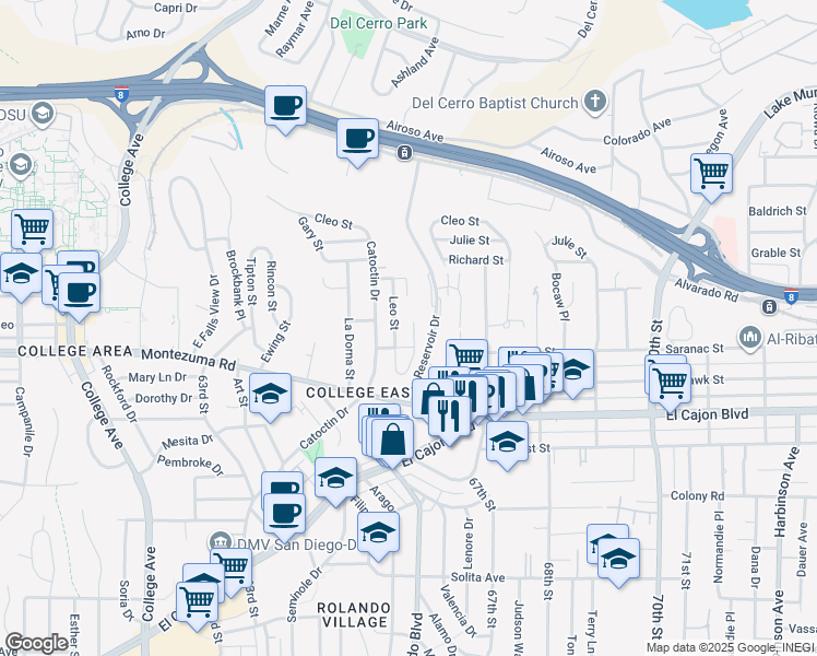 map of restaurants, bars, coffee shops, grocery stores, and more near 5149 Leo Street in San Diego