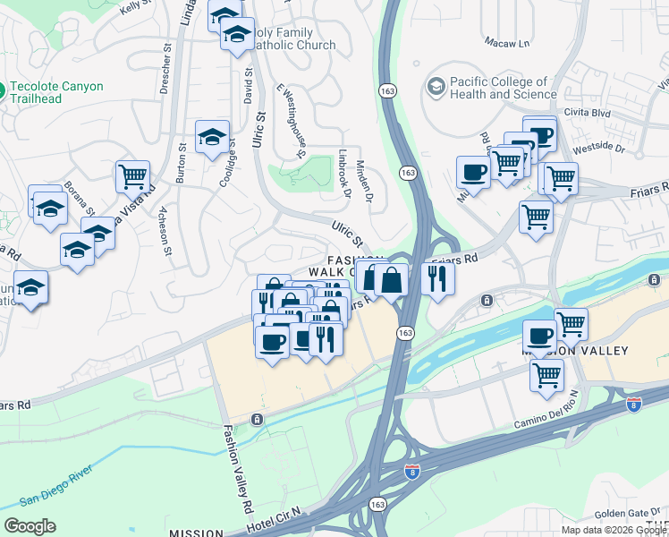 map of restaurants, bars, coffee shops, grocery stores, and more near 7123 Camino Degrazia in San Diego