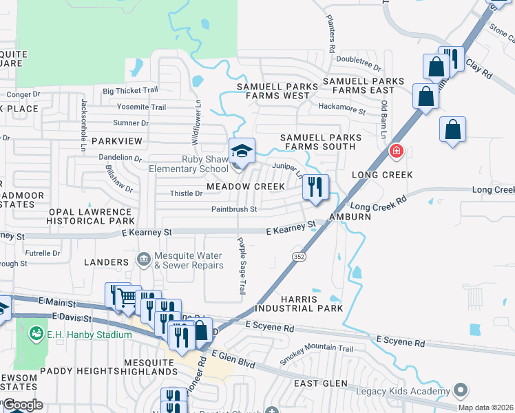 map of restaurants, bars, coffee shops, grocery stores, and more near 602 Snapdragon Trail in Mesquite