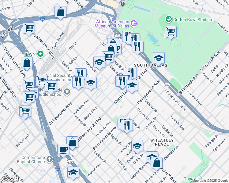 map of restaurants, bars, coffee shops, grocery stores, and more near 3011 Park Row Avenue in Dallas