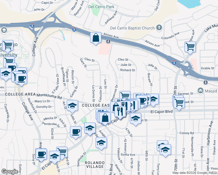 map of restaurants, bars, coffee shops, grocery stores, and more near 5149 Leo Street in San Diego