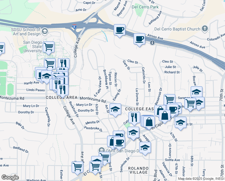 map of restaurants, bars, coffee shops, grocery stores, and more near 5144 Tipton Street in San Diego