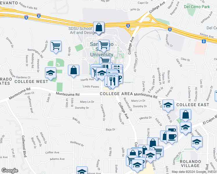 map of restaurants, bars, coffee shops, grocery stores, and more near 2 Montezuma Place in San Diego