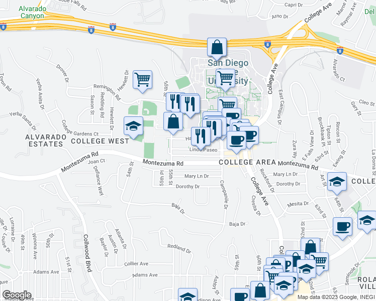 map of restaurants, bars, coffee shops, grocery stores, and more near 5566 Lindo Paseo in San Diego