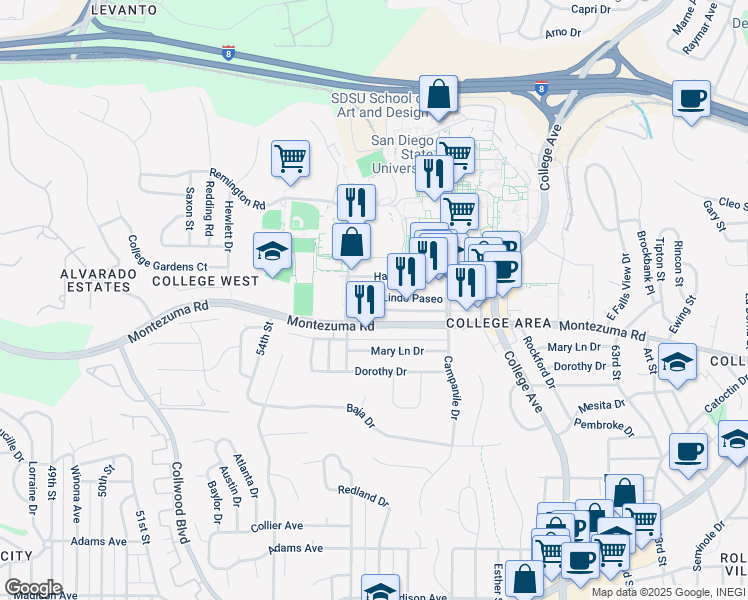 map of restaurants, bars, coffee shops, grocery stores, and more near 5566 Lindo Paseo in San Diego