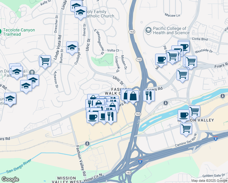 map of restaurants, bars, coffee shops, grocery stores, and more near 7163 Camino Degrazia in San Diego