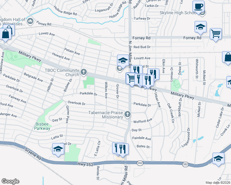 map of restaurants, bars, coffee shops, grocery stores, and more near 6835 Woodard Avenue in Dallas