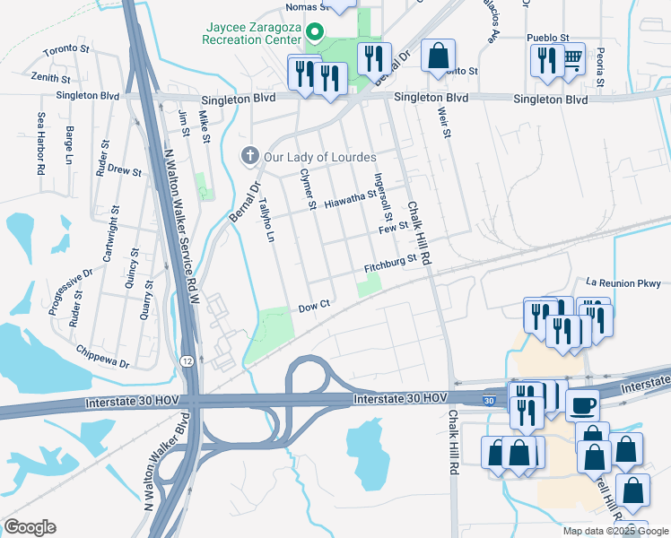 map of restaurants, bars, coffee shops, grocery stores, and more near 2415 Kenesaw Drive in Dallas