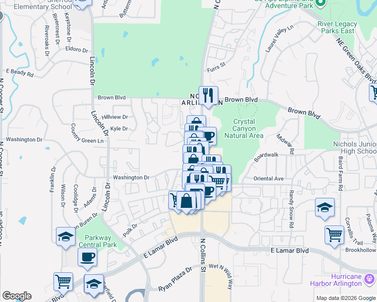 map of restaurants, bars, coffee shops, grocery stores, and more near 2304 North Collins Street in Arlington