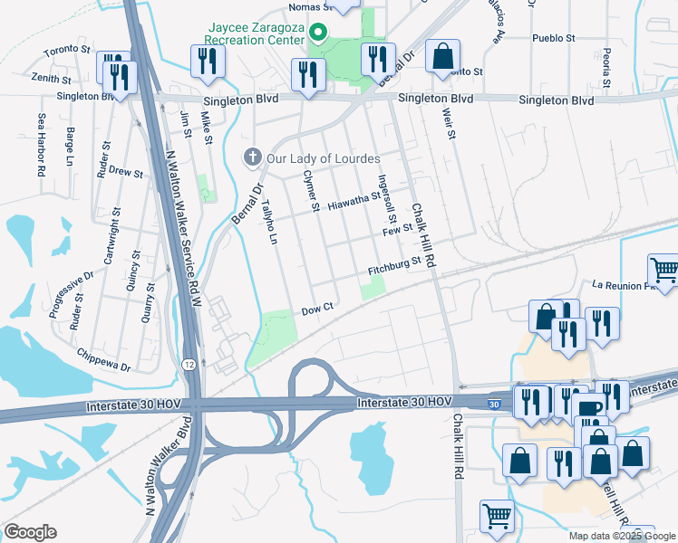 map of restaurants, bars, coffee shops, grocery stores, and more near 2415 Kenesaw Drive in Dallas