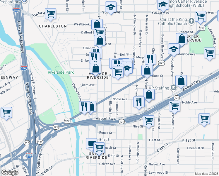 map of restaurants, bars, coffee shops, grocery stores, and more near 606 Blandin Street in Fort Worth