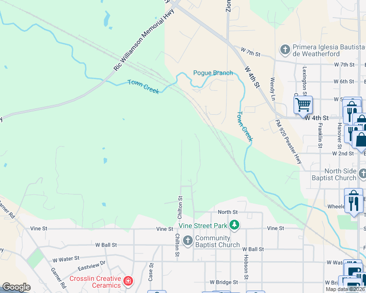 map of restaurants, bars, coffee shops, grocery stores, and more near 1102 Chilton Street in Weatherford