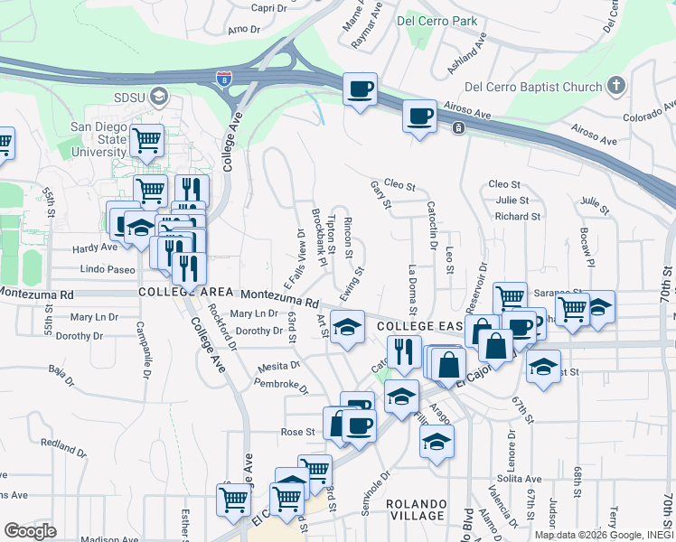 map of restaurants, bars, coffee shops, grocery stores, and more near 5144 Tipton Street in San Diego
