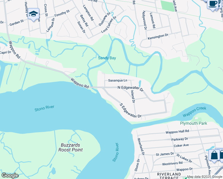map of restaurants, bars, coffee shops, grocery stores, and more near 1441 North Edgewater Drive in Charleston