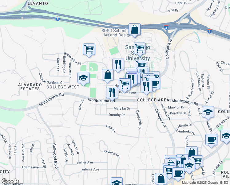 map of restaurants, bars, coffee shops, grocery stores, and more near 5565 Lindo Paseo in San Diego