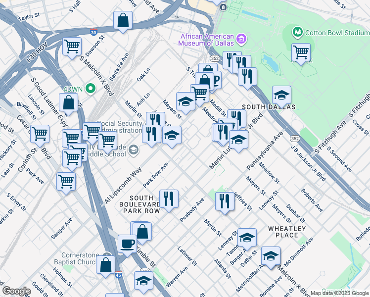 map of restaurants, bars, coffee shops, grocery stores, and more near 2830 Park Row Avenue in Dallas