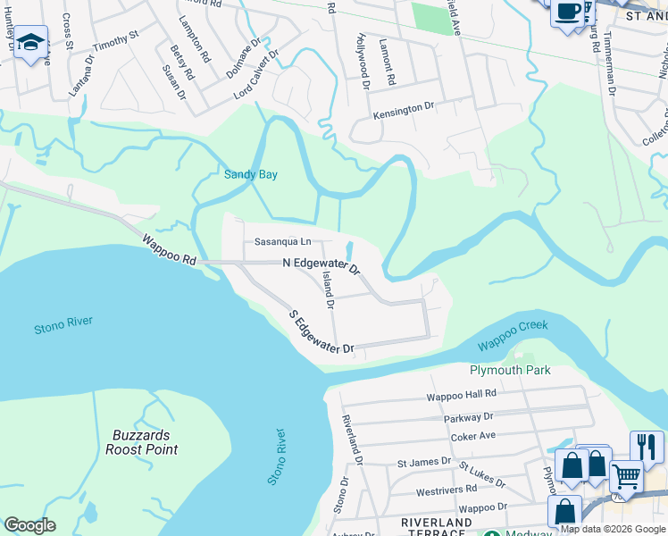 map of restaurants, bars, coffee shops, grocery stores, and more near 1391 North Edgewater Drive in Charleston