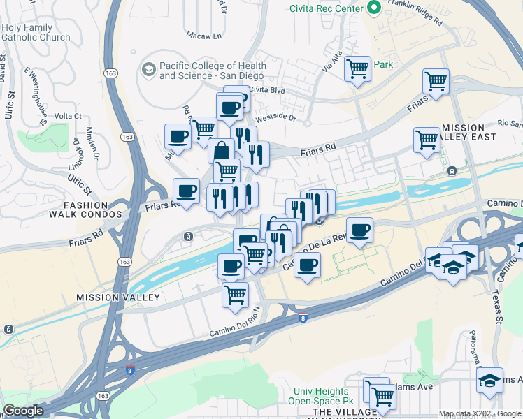 map of restaurants, bars, coffee shops, grocery stores, and more near 5333 Mission Center Road in San Diego