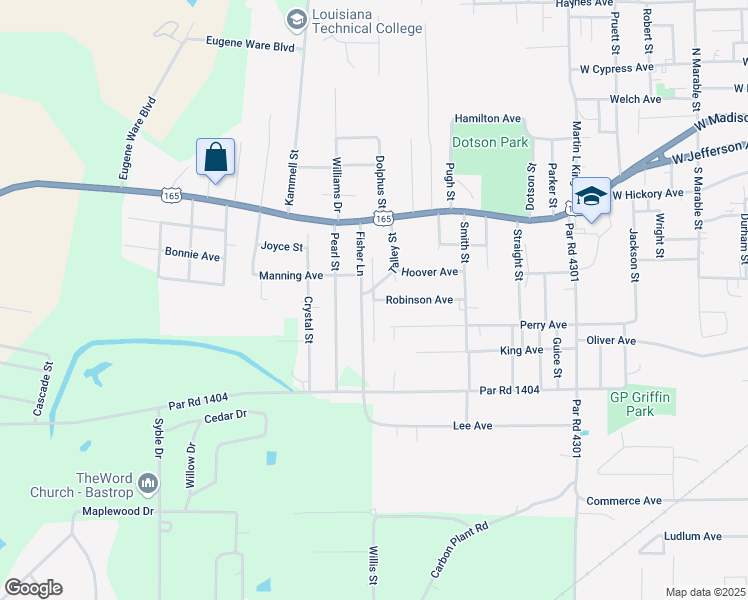 map of restaurants, bars, coffee shops, grocery stores, and more near Terrace Drive in Bastrop